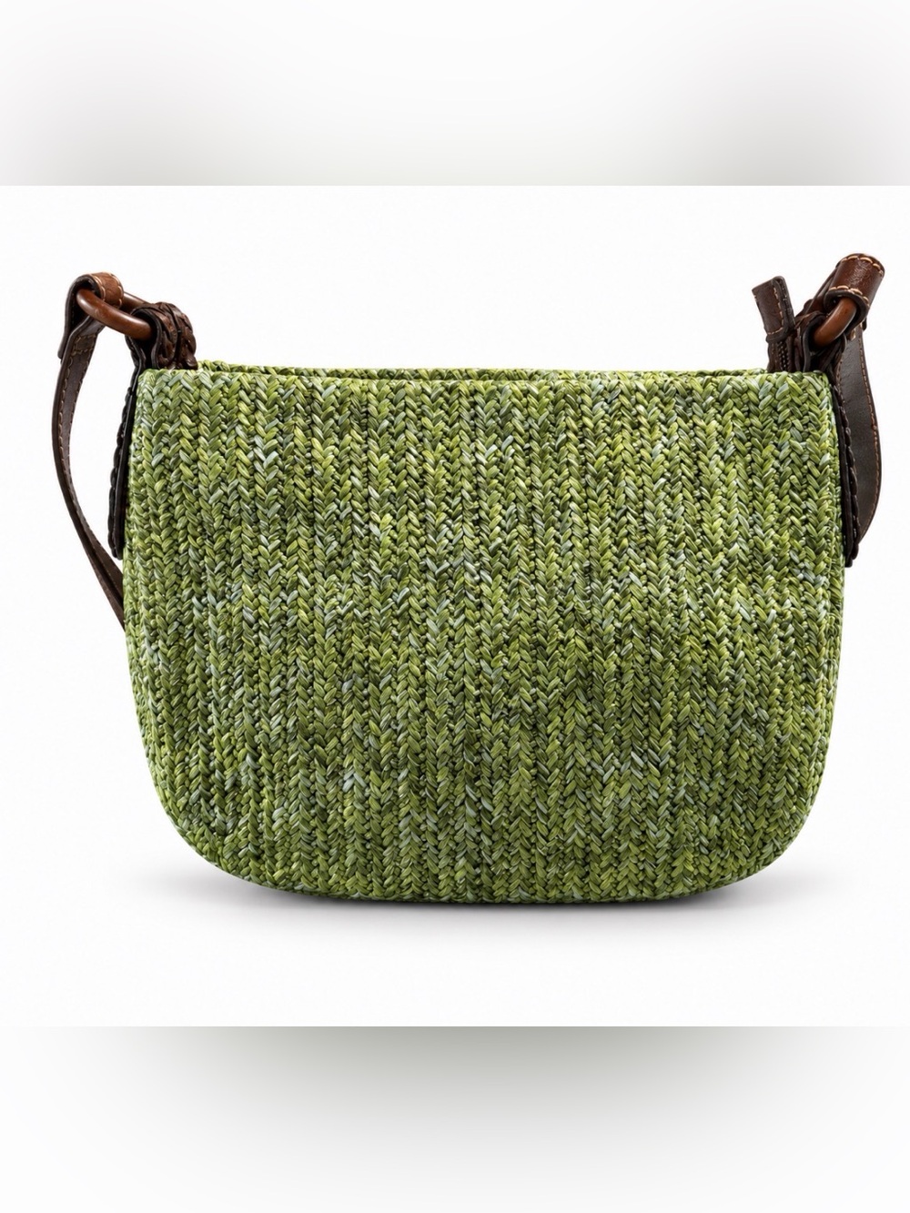 Fossil Green Woven Shoulder Bag with Brown Leather Trim
